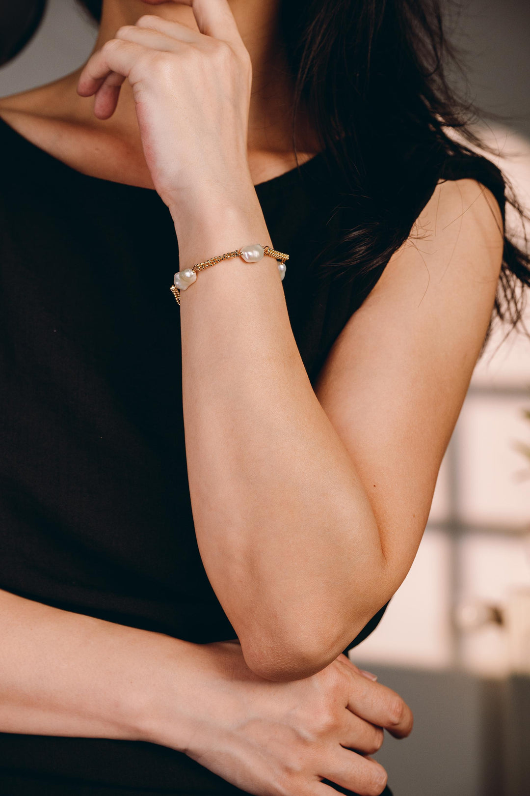 Dainty gold pearl bracelet: dashed freshwater Keshi pearls, adjustable gold-filled tassel