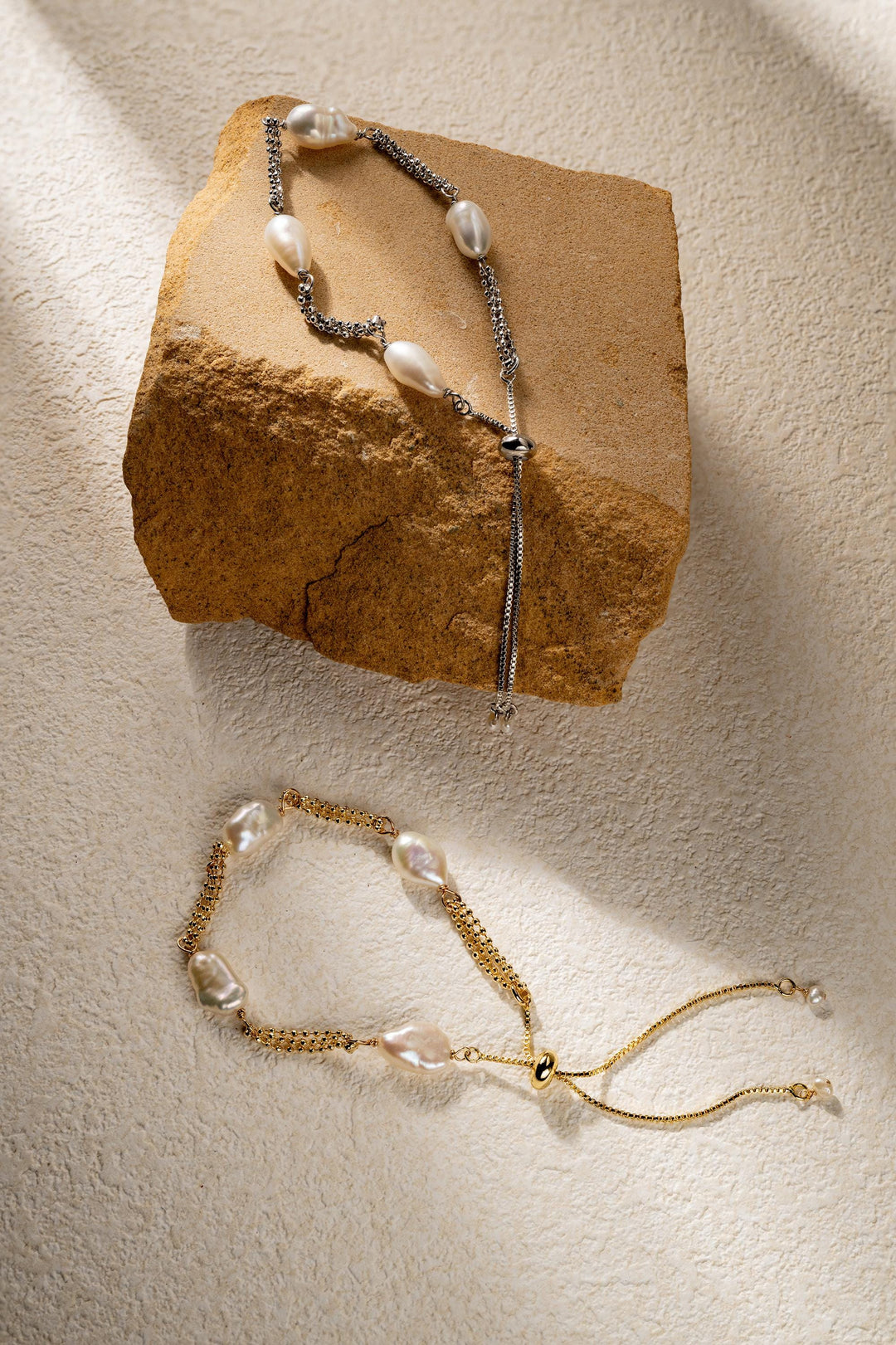 Dainty gold pearl bracelet: dashed freshwater Keshi pearls, adjustable gold-filled tassel