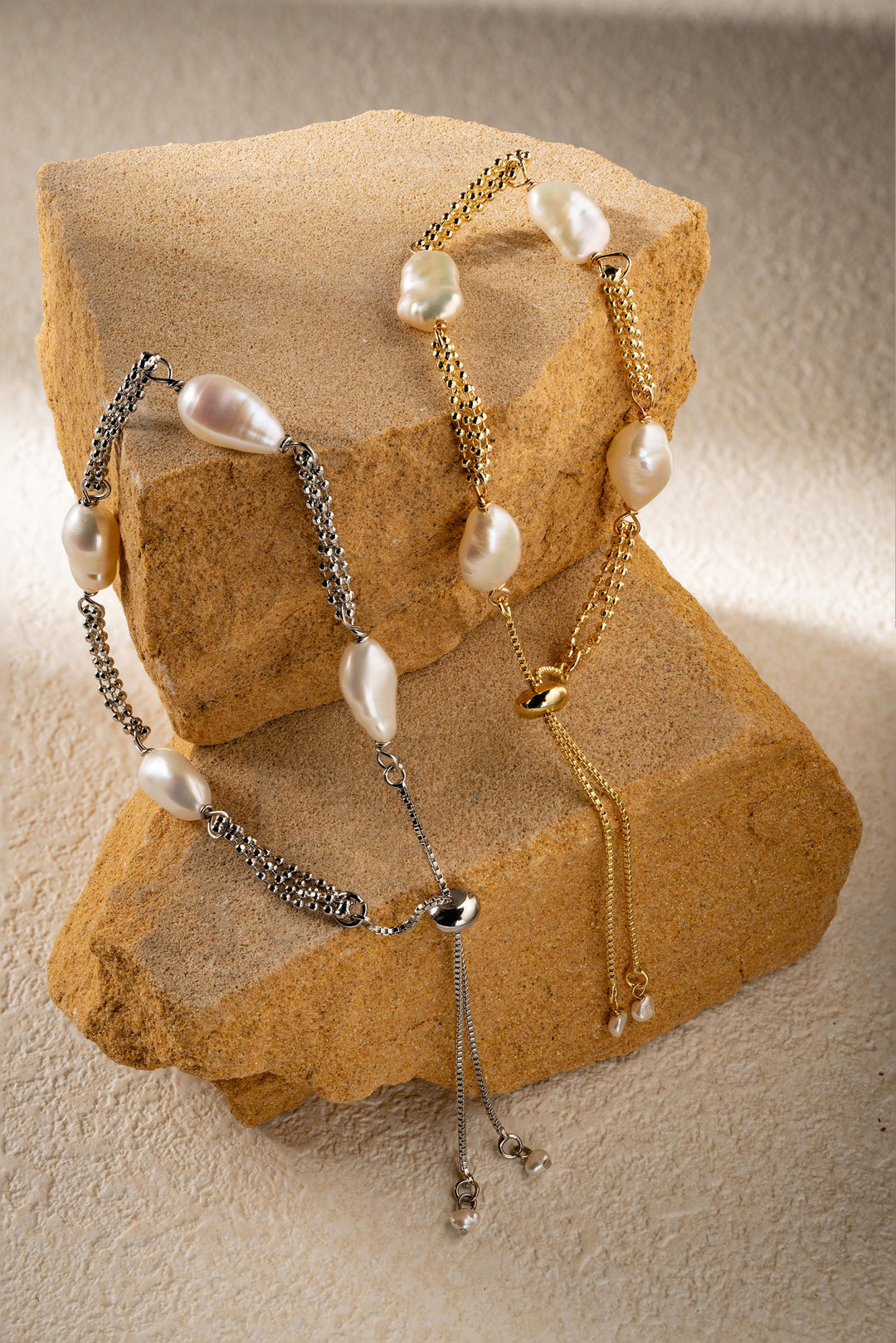 Dainty gold pearl bracelet: dashed freshwater Keshi pearls, adjustable gold-filled tassel