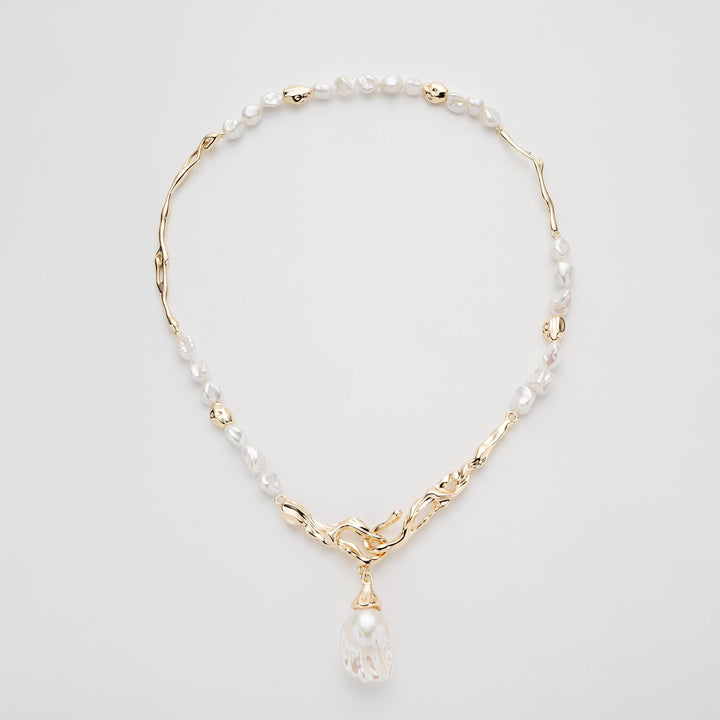 Sculptural Necklace with Baroque Pearl Pendant and Keshi Pearls, 18K Gold-Plated Tree Branch Necklace for Women, Dainty Jewelry Gift for Her