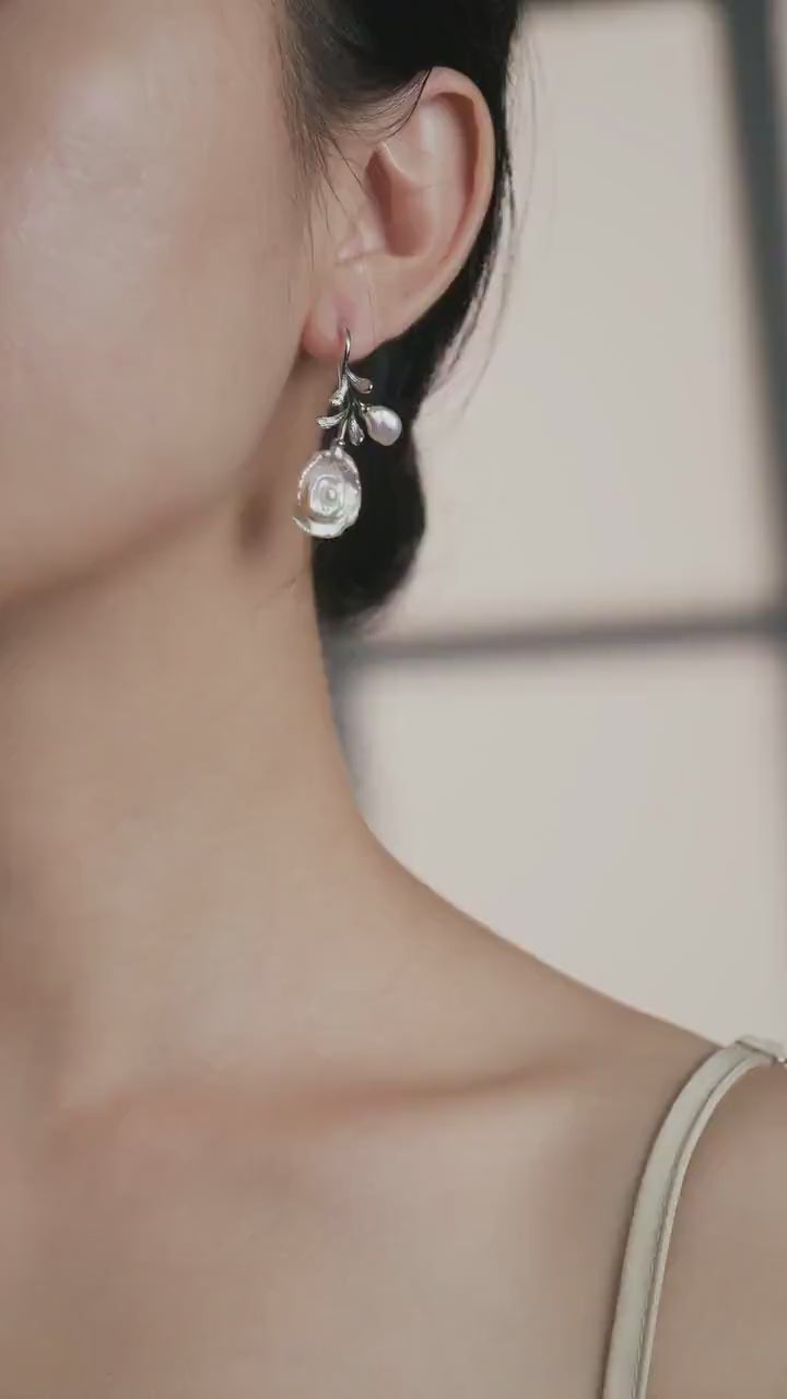 Handcrafted Pearl Rose Earrings: Silver Floral Drop Earrings with Natural Baroque Pearls – Elegant Gift for Her