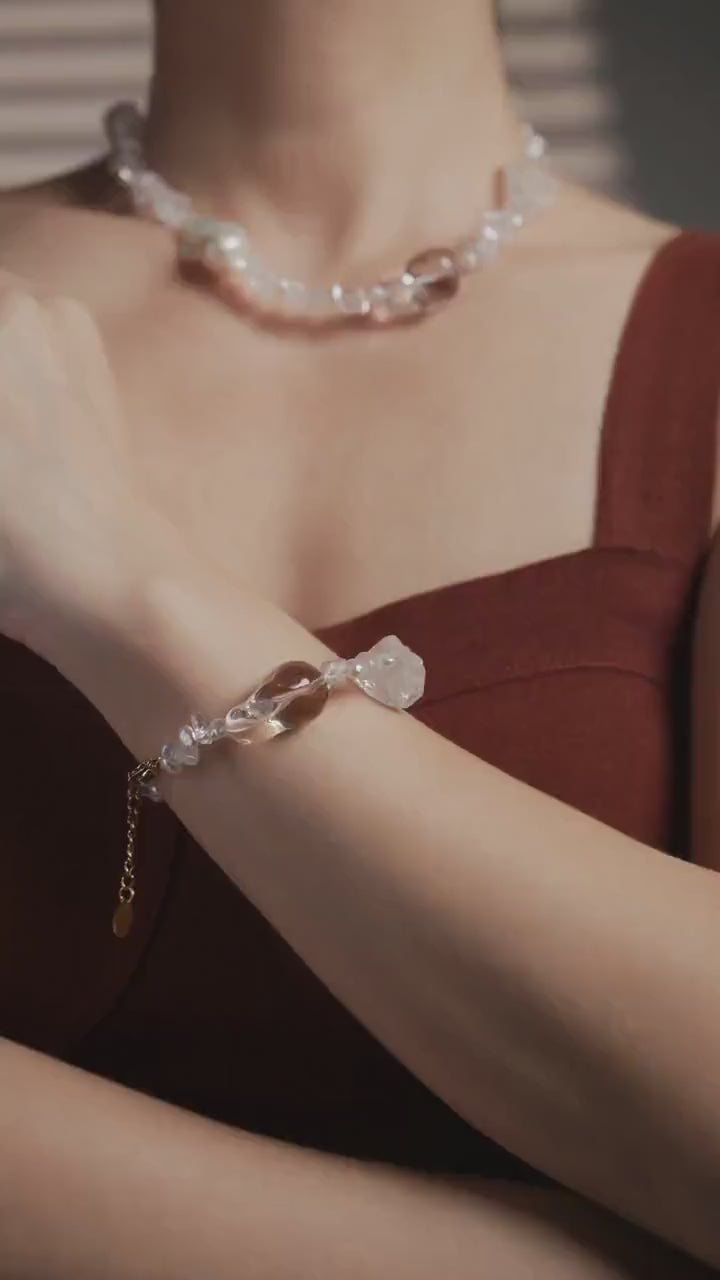 Beaded statement bracelet: clear crystals and baroque pearls - 6.5 - 8inch