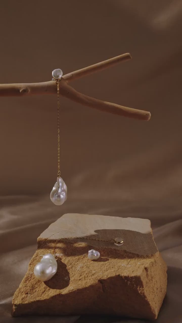 Baroque Pearl Drop Earrings: Long Drop Gold Chain Keshi Pearls Jewelry, Gift for Her