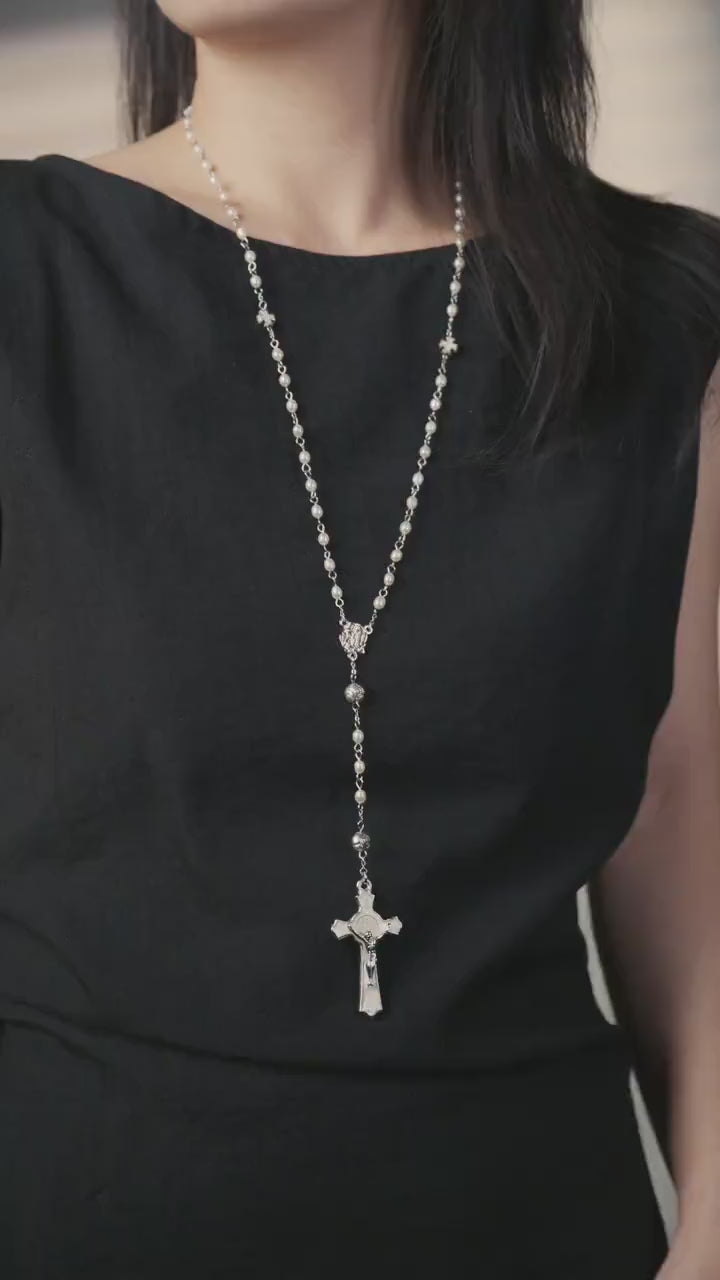 Pearl Rosary Necklace: Long Chain Freshwater Pearls Cross Jewelry, Christian Religious Gift For Women
