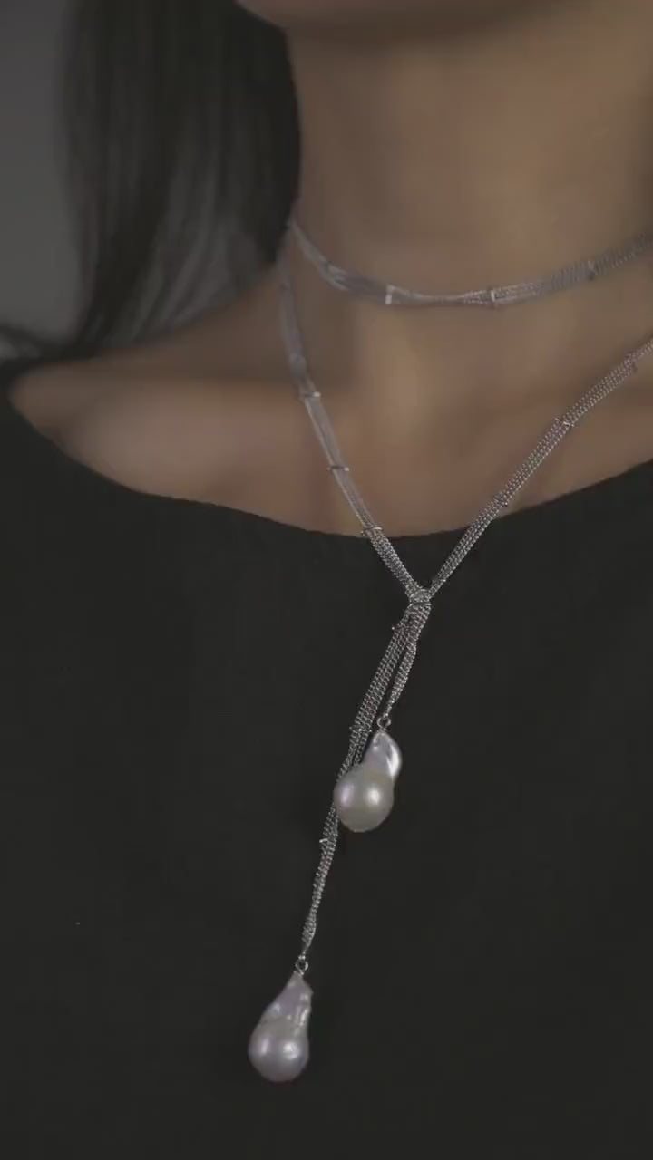 Baroque Pearl Necklace: 14k White Gold Long Chain Jewelry, Everyday Wear Gift for Her