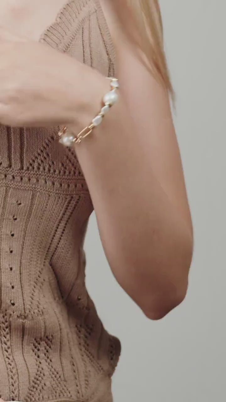 White Pearl Gold Bracelet: Large Baroque Chunky Minimalist Paperclip Chain, Handmade Jewelry