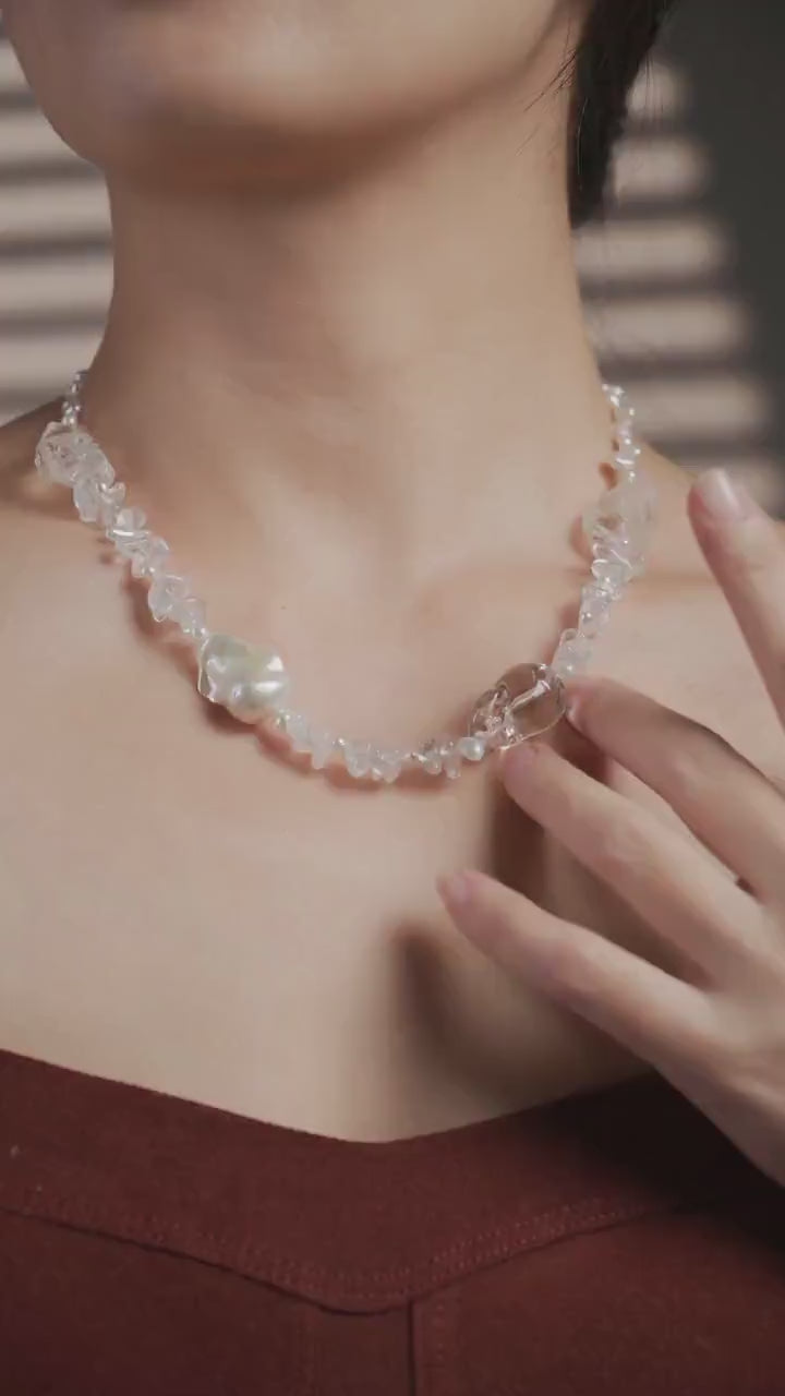 Beaded statement necklace: clear crystals and baroque pearls - 17.7 inch