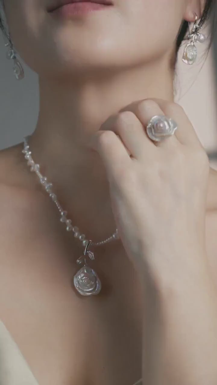 Handcrafted Pearl Rose Necklace: Freshwater Pearl Beaded Chain with Silver Floral Pendant – Elegant Gift for Her