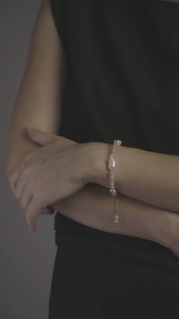 Dainty gold pearl bracelet: dashed freshwater Keshi pearls, adjustable gold-filled tassel