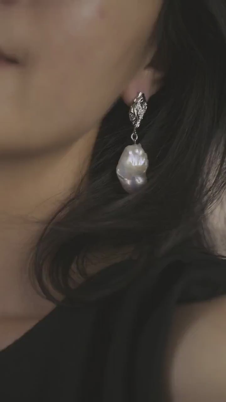 Large Drop Baroque Pear Earrings: 14k White Gold Handmade Jewelry, Unique Statement Gift for Her