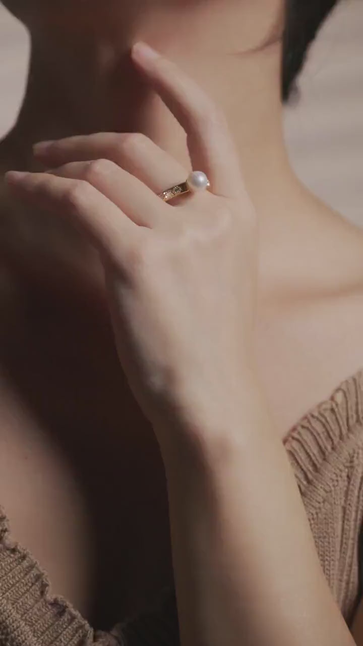 Brushed Metal Pearl Ring, Gold filled, Vintage Statement Ring